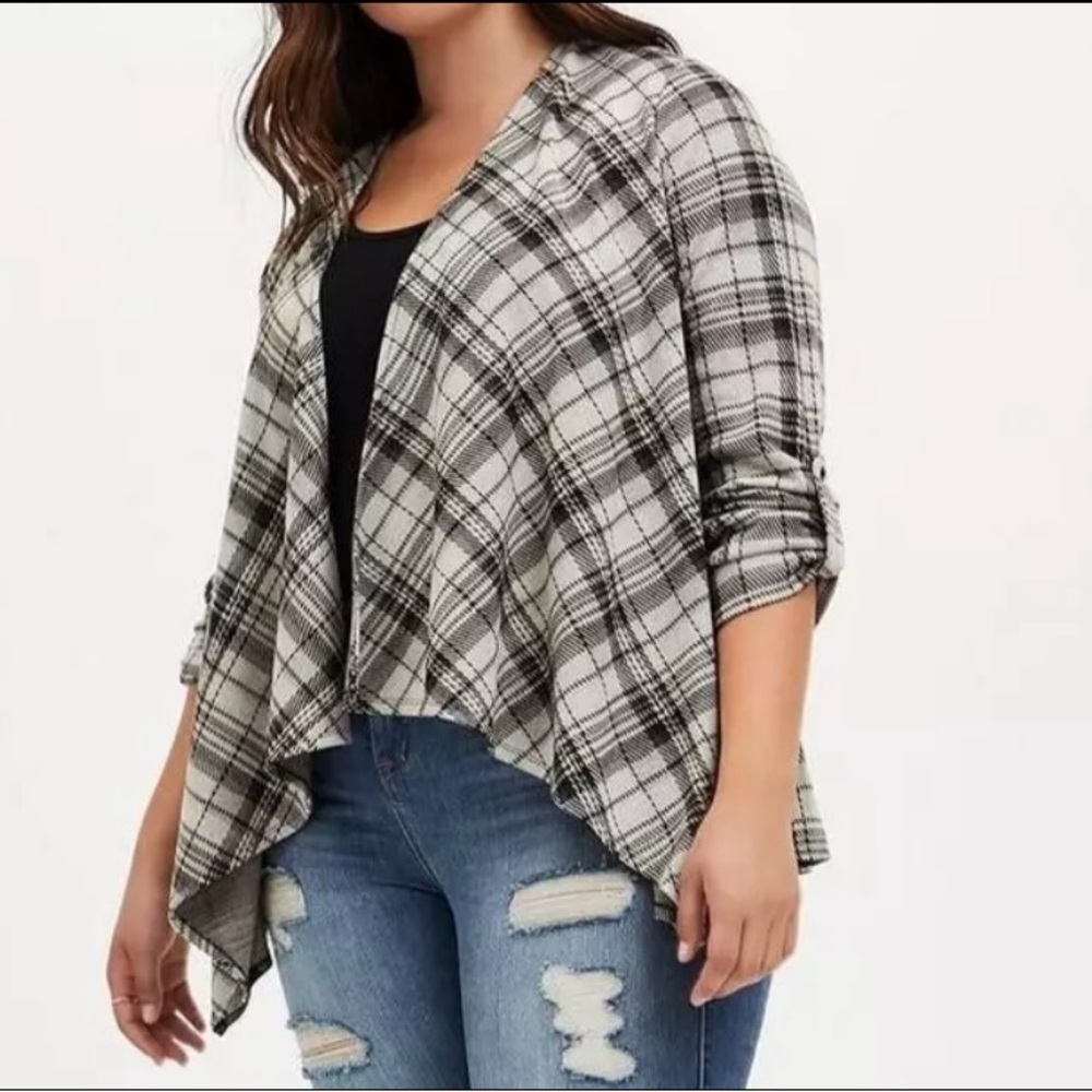 Torrid~ Women’s Open Drape Knit Cardigan With Adjustable Sleeve‎ Plaid Size 1X